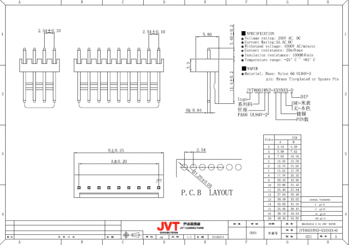 2.54 Mm Pitch Connector DIP Vertical Type Tin - Plated Wire To Board Connector